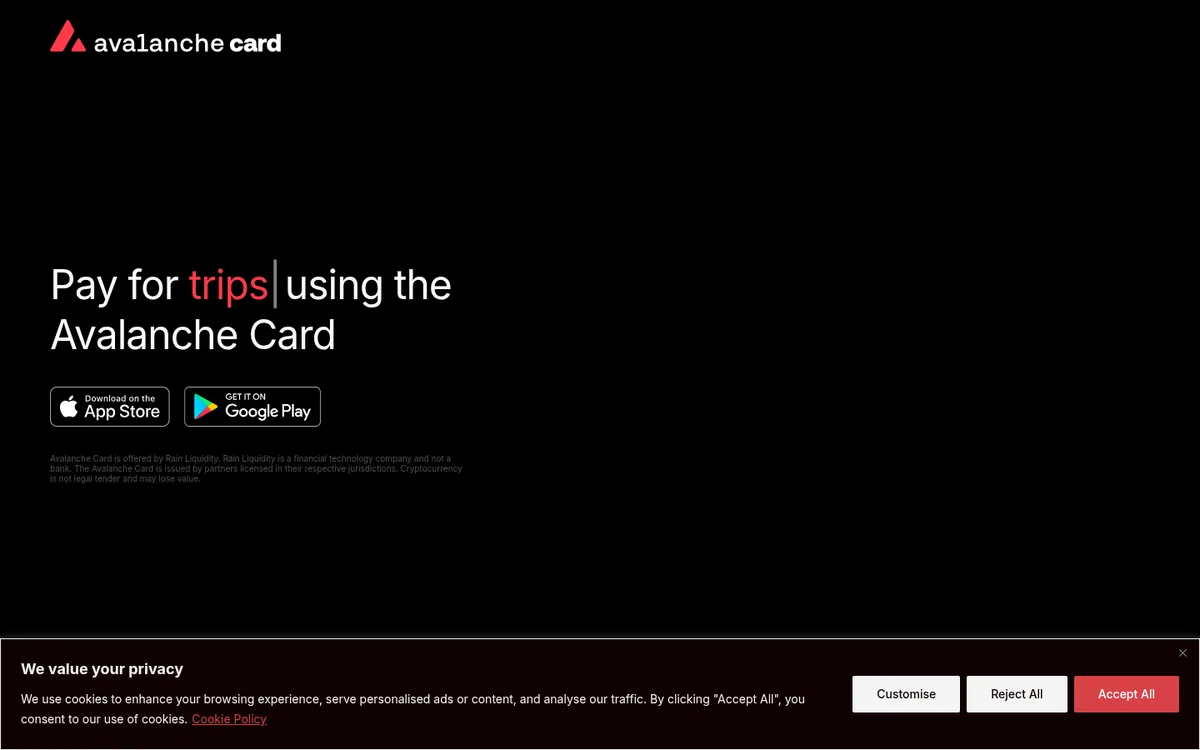 Screenshot: Avalanche Card homepage