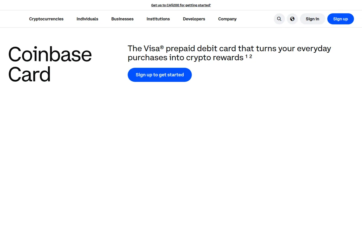 Screenshot: Coinbase Card homepage