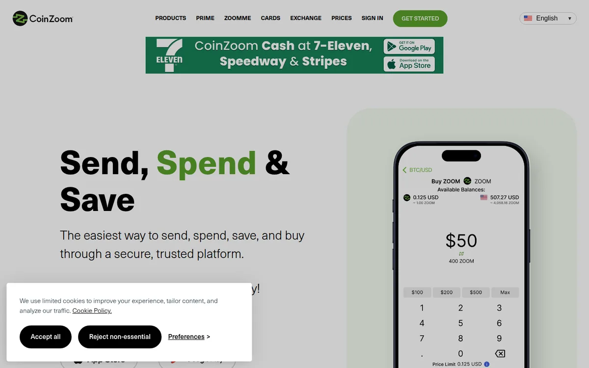 Screenshot: CoinZoom ZoomMe Card homepage