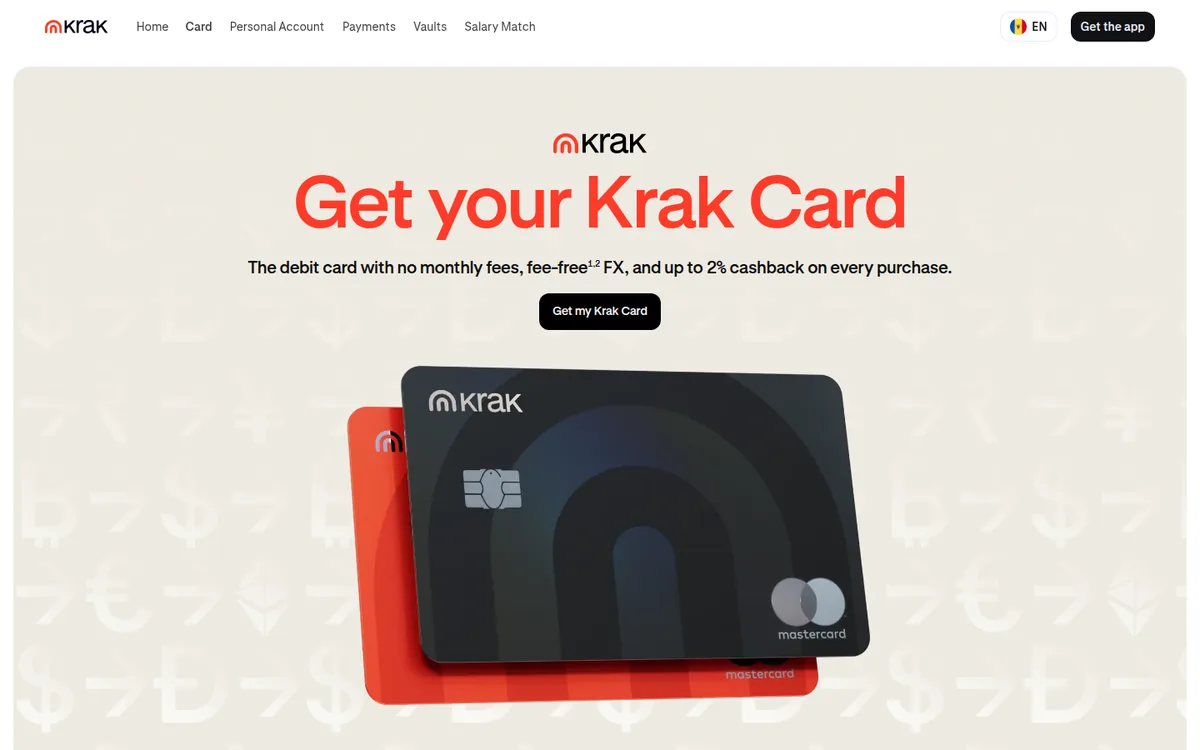 Screenshot: Krak Card (Kraken) homepage