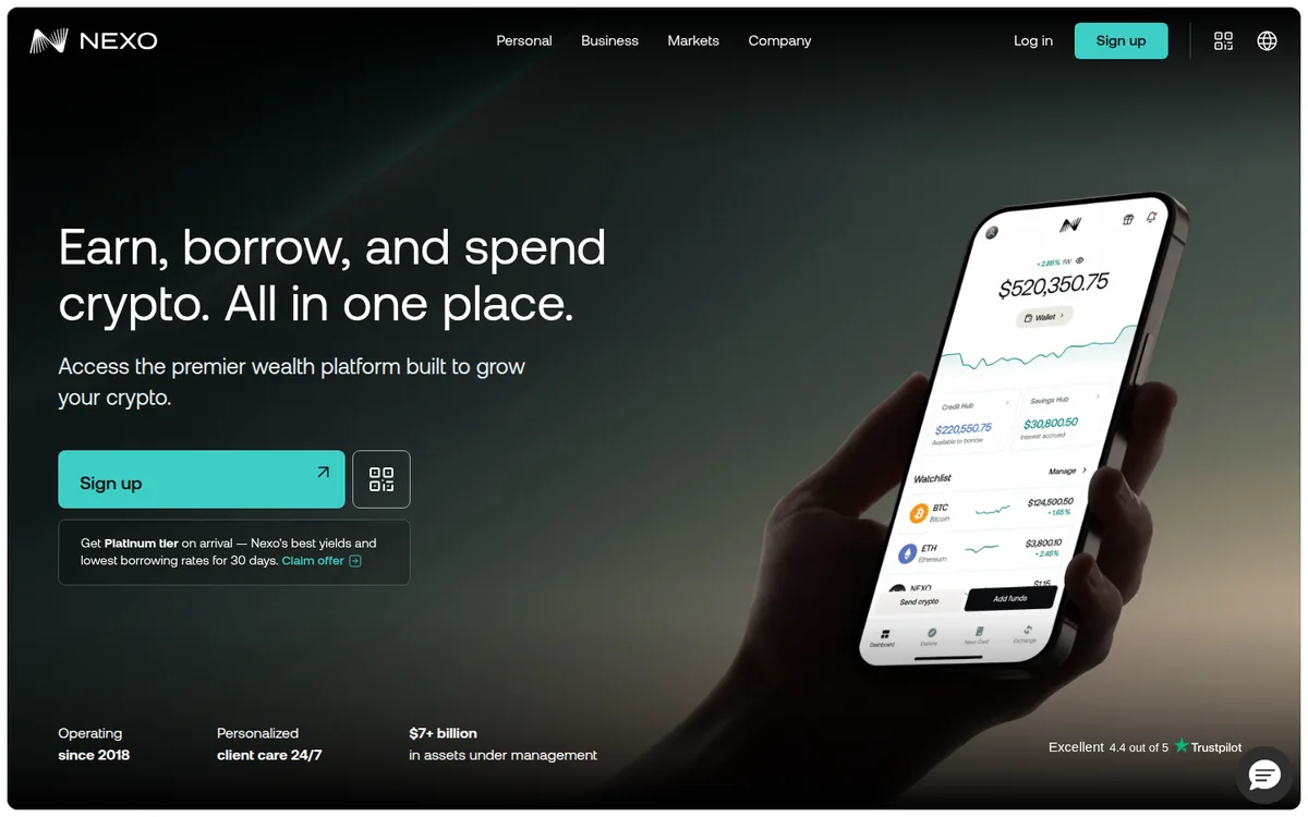 Screenshot: Nexo Card homepage