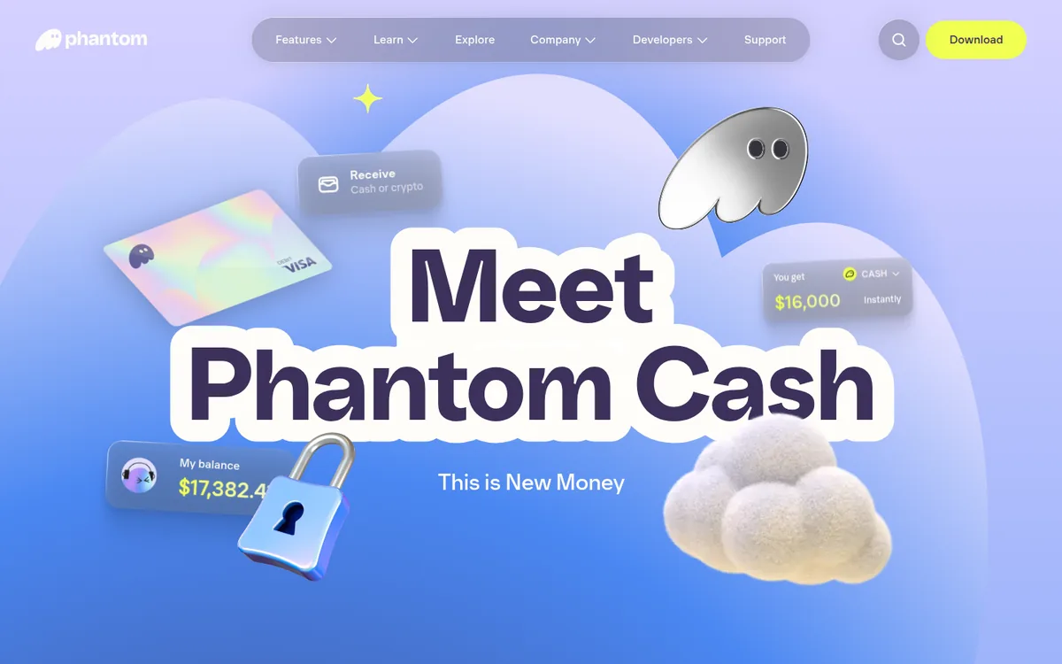 Screenshot: Phantom Cash Card homepage
